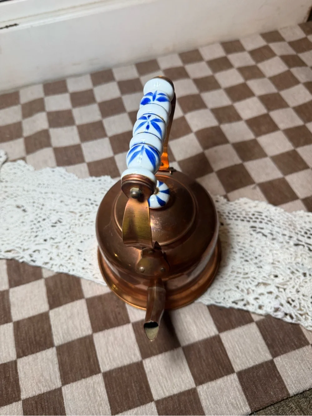 Vintage Cooper Tea Kettle Pot with Blue/White Handle